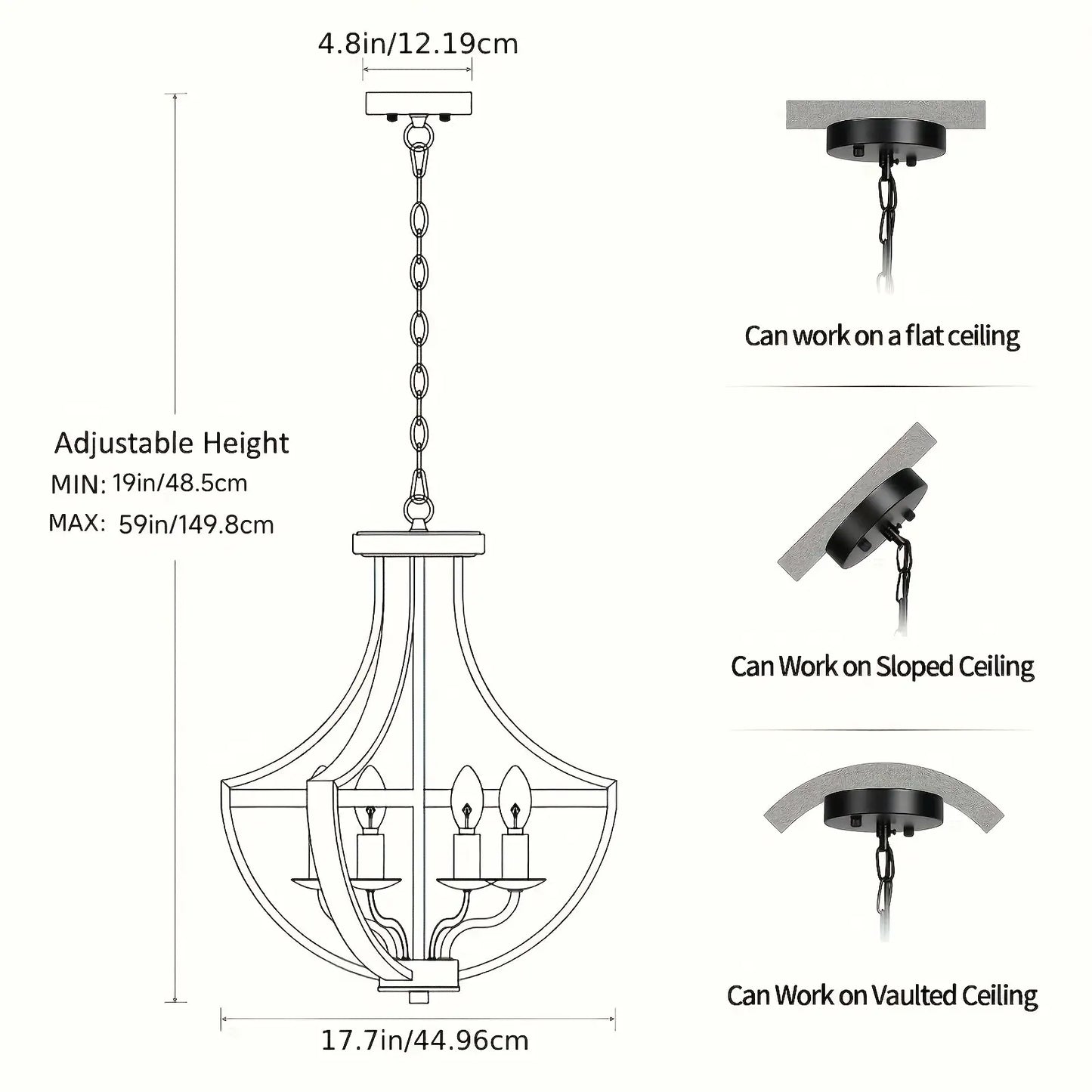 Pendant light with adjustable chain height, compatible with flat, sloped, and vaulted ceilings.