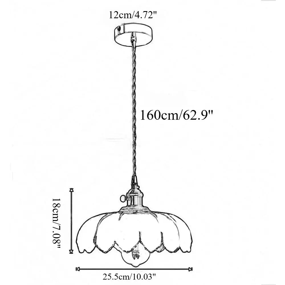 Diagram showing the dimensions of the glass pendant light fixture, including the cord length and shade diameter in cm and inches.