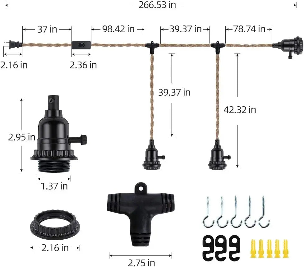 Dimensions of 3-head E26 plug-in pendant light with rope cables