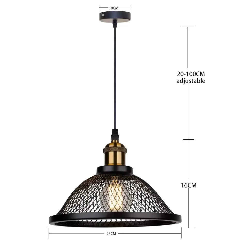 Detailed dimensions of a retro mesh metal industrial pendant light in black with brass accents, showing a 25cm diameter shade, 16cm height, and an adjustable cord length of 20-100cm.