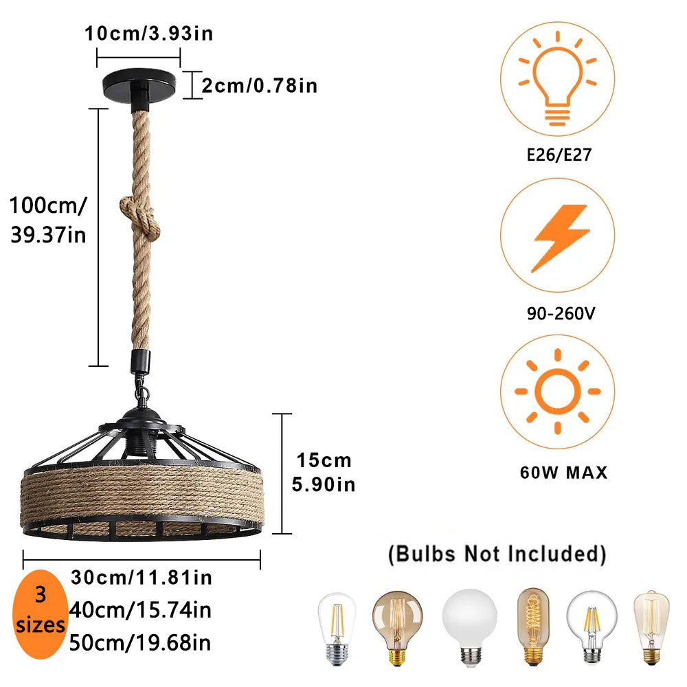 Product dimensions and features of the vintage rope pendant light, available in three sizes with E26/E27 compatibility.