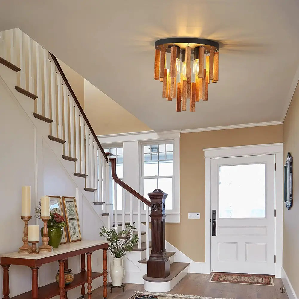 Rustic flush mount wooden ceiling light installed in home entryway