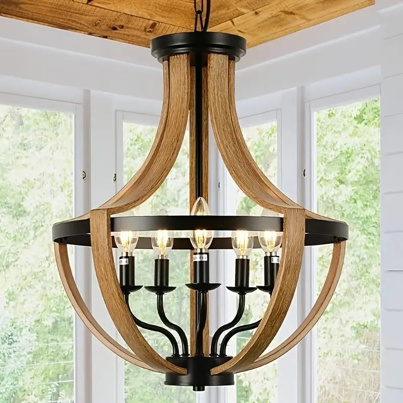 Rustic farmhouse chandelier with a 5-light design and metal frame featuring a wood grain finish.