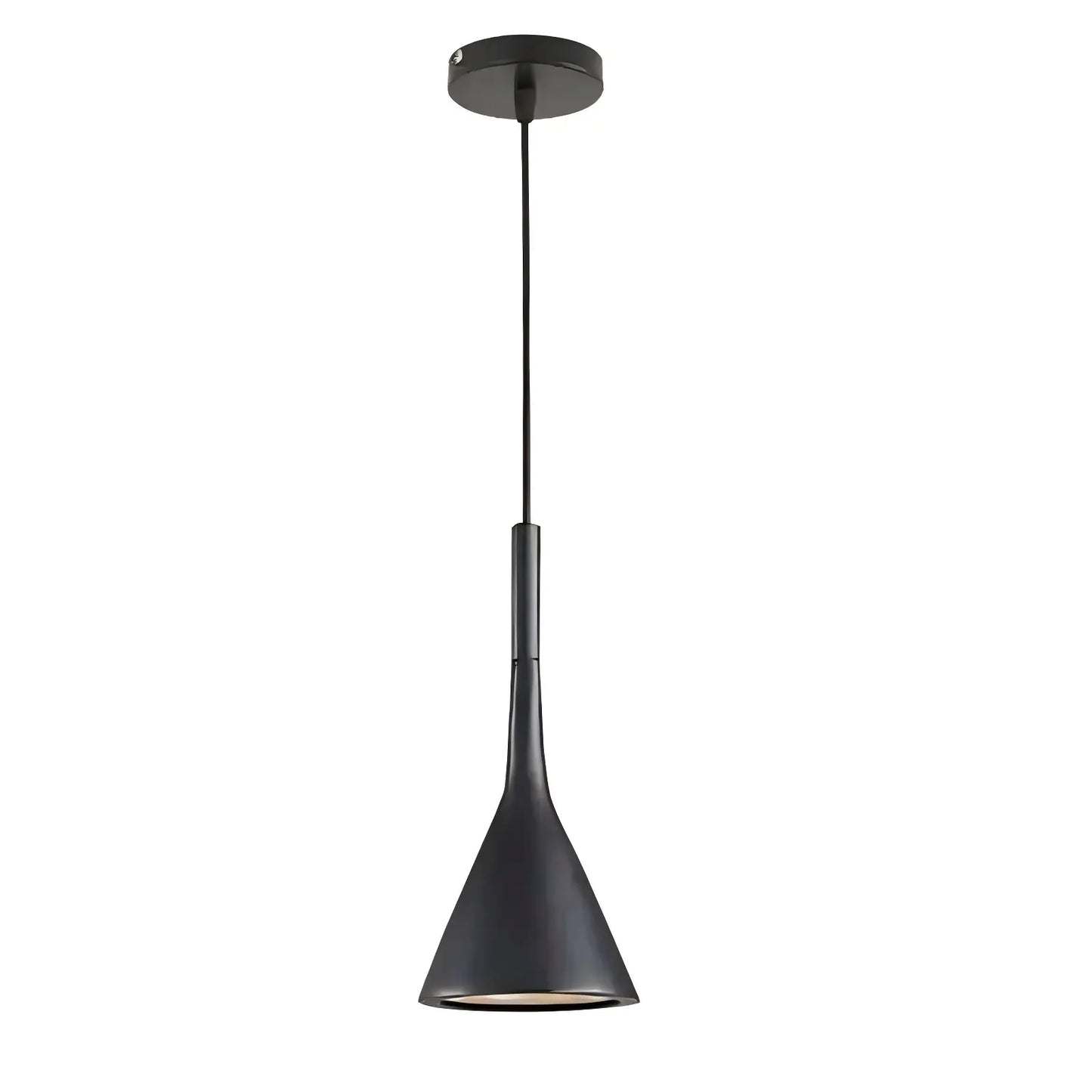 Isolated image of a single black modern minimalist pendant light with a matte finish and cone shape, perfect for various interior styles.