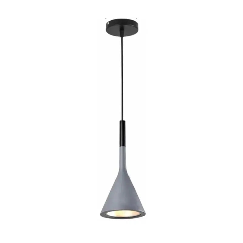Isolated image of a single grey modern pendant light with a cone-shaped shade and black accents, showcasing its sleek design.