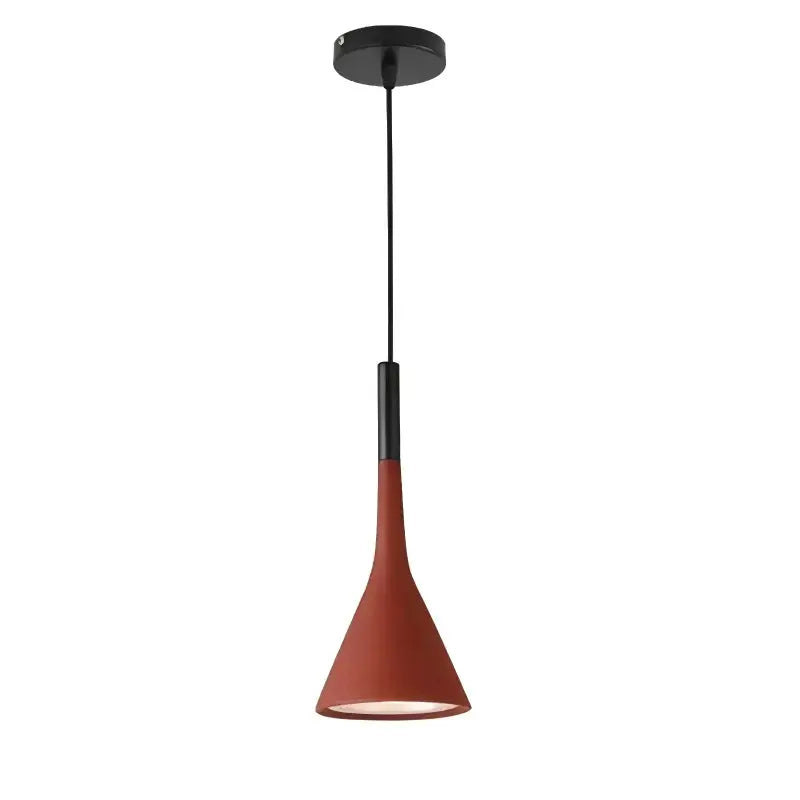 Isolated image of a single red modern pendant light with a conical shade and black suspension, perfect for adding a pop of color to any room.