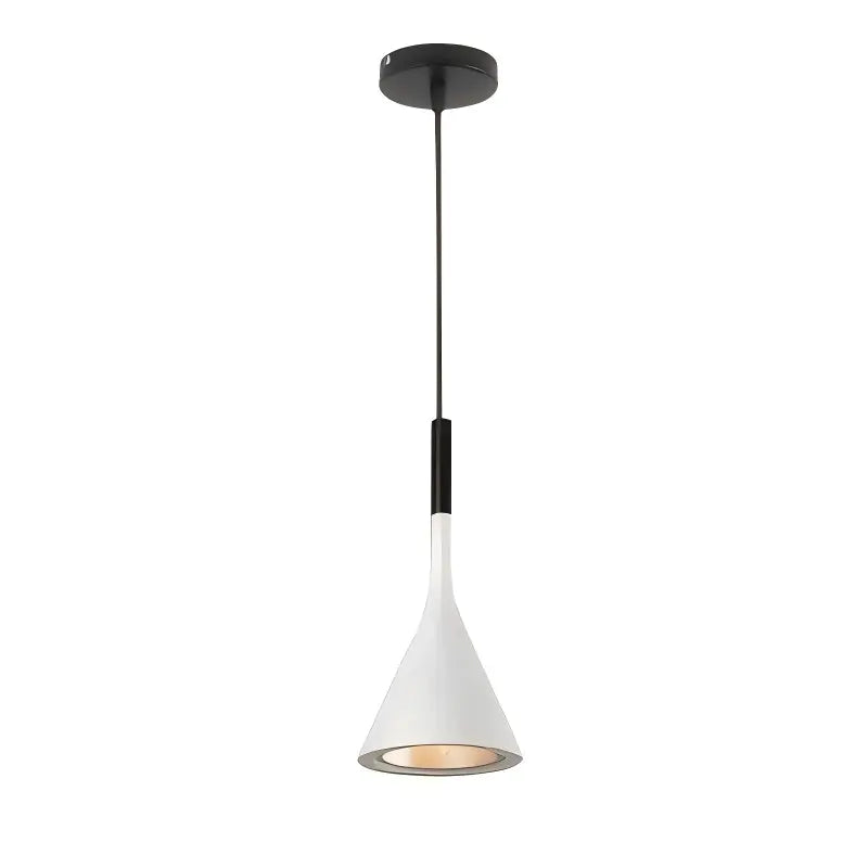 Isolated image of a single white modern minimalist pendant light with a black top accent, highlighting its clean and contemporary design.