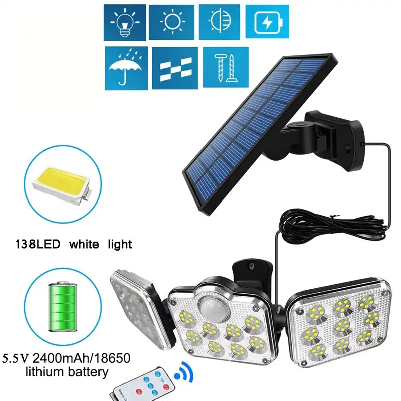 Solar security light with 138 LED white lights, 5.5V 2400mAh 18650 lithium battery, and remote control for outdoor use. Shows the detachable solar panel and adjustable triple-head design.