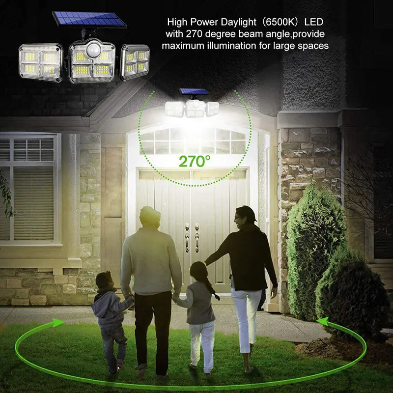 High power daylight (6500K) solar LED security light with 270-degree beam angle, providing maximum illumination for large outdoor spaces like driveways and doorways. Shows a family walking under the wide light.