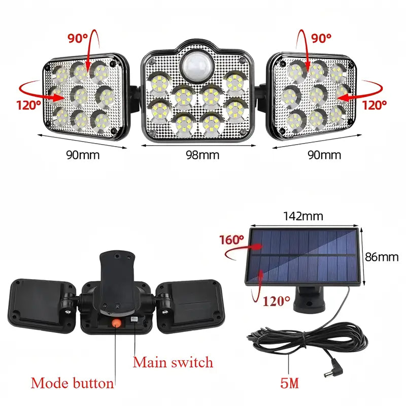 Dimensions and adjustable angles of the solar security light. Shows individual light head sizes (90mm x 90mm), center light (98mm), solar panel dimensions (142mm x 86mm), and adjustable angles of 90°/120° for heads and 160°/120° for the solar panel.