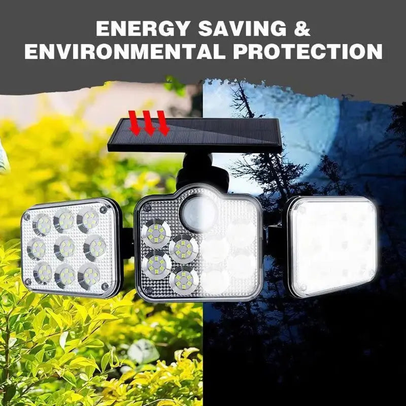 Energy-saving and environmental protection solar security light, illustrating its auto-charging in daylight and illumination at night. Features a 3-head design and separate solar panel.