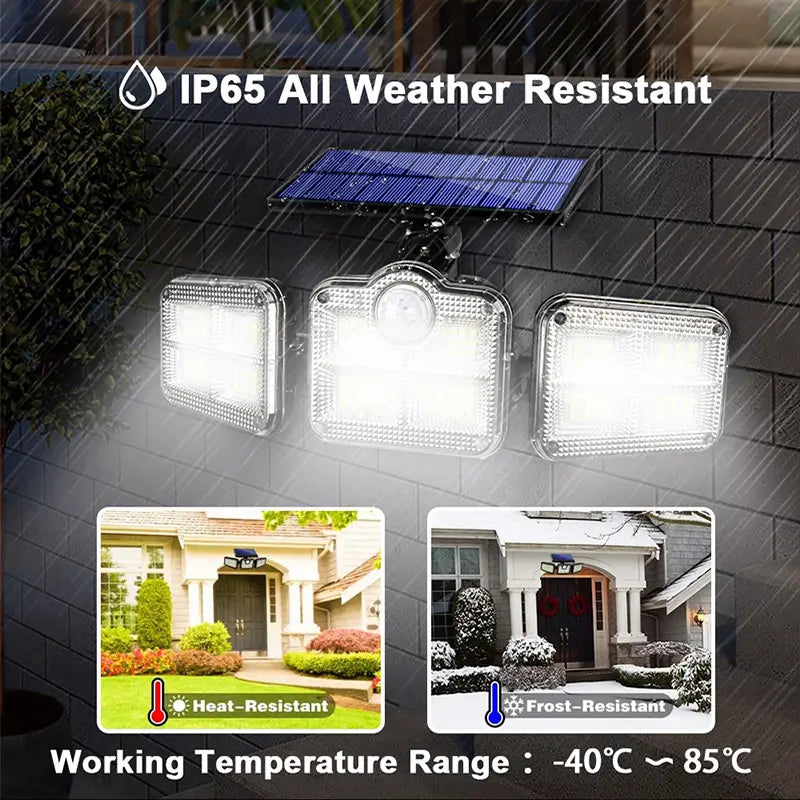 IP65 all-weather resistant solar security light, showcasing its heat-resistant and frost-resistant capabilities for outdoor use in temperatures from -40°C to 85°C. Ideal for various climates.
