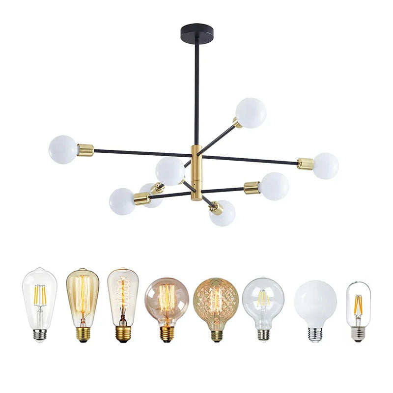 Close-up of the sputnik chandelier showcasing various compatible bulb options, including LED and Edison-style bulbs.