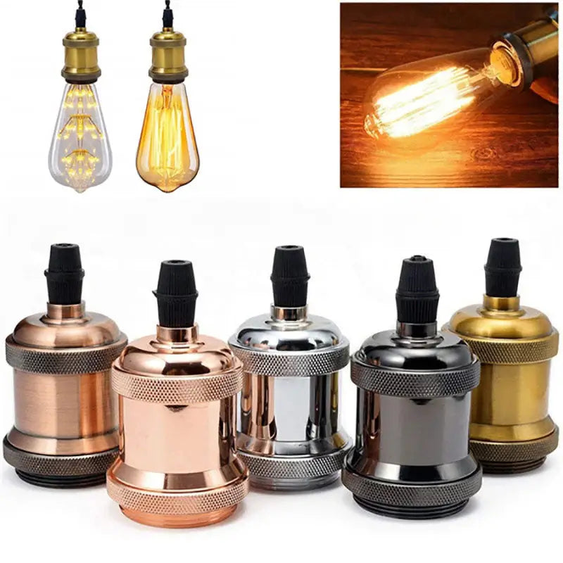E26 lamp bulb sockets in various metallic finishes with vintage Edison-style bulbs.