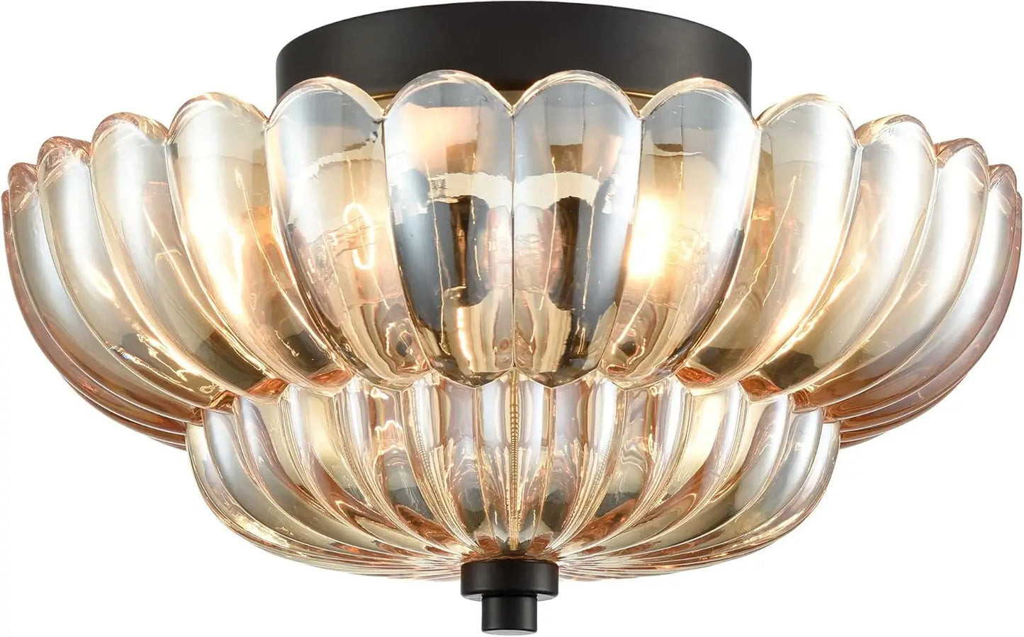 Close-up of amber glass flush mount ceiling light with matte black base and retro scalloped design