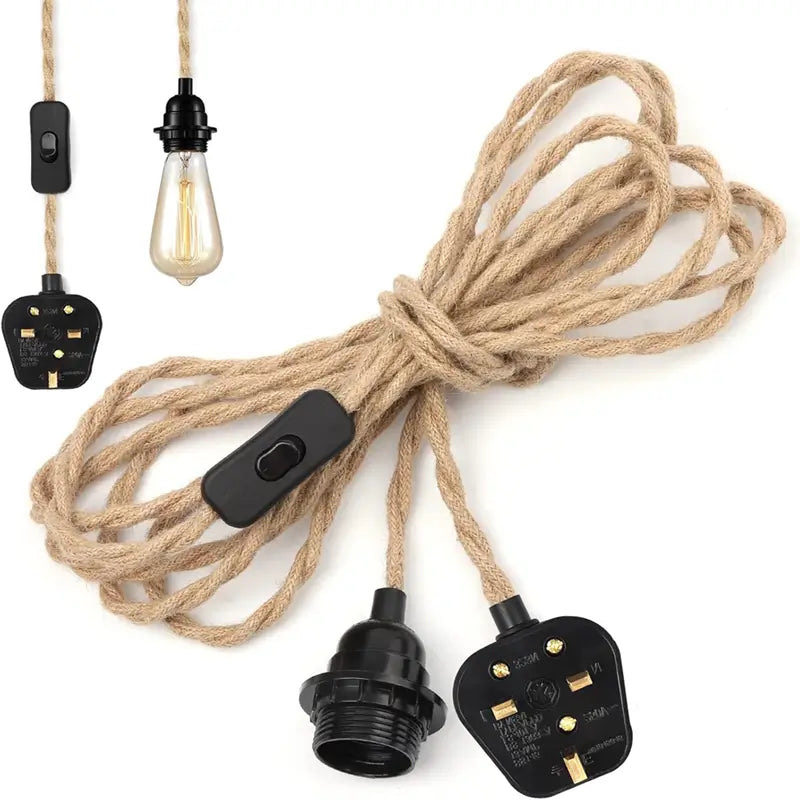 Vintage hemp rope lamp cord kit with E27 holder, inline switch, and UK 3-pin plug for pendant lights.