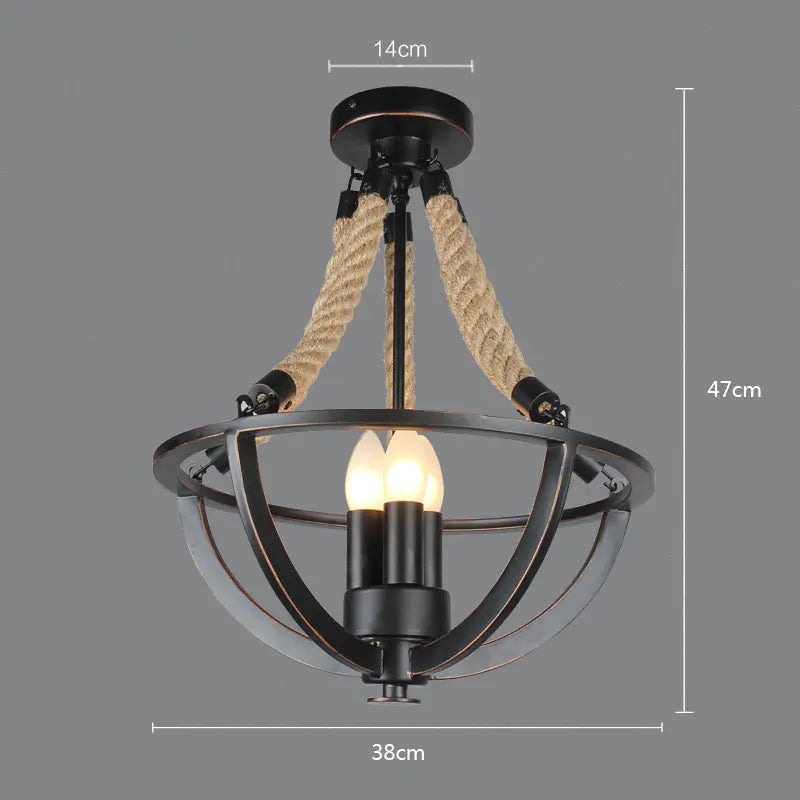 Vintage industrial chandelier with a round metal frame and rope supports, adding a warm rustic touch to any space.