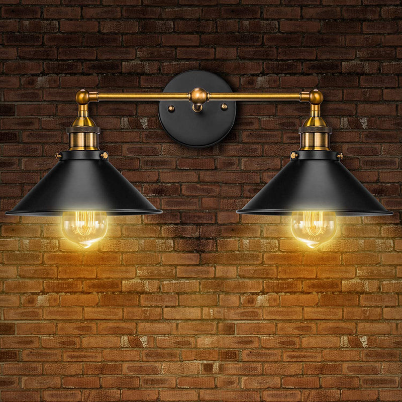 Vintage industrial double wall sconce with black shades and gold accents, perfect for adding a rustic charm to living spaces or hallways.