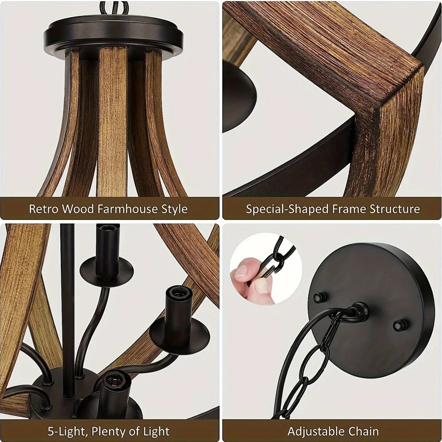 Close-up of a vintage industrial chandelier with a wood grain finish and durable metal frame.