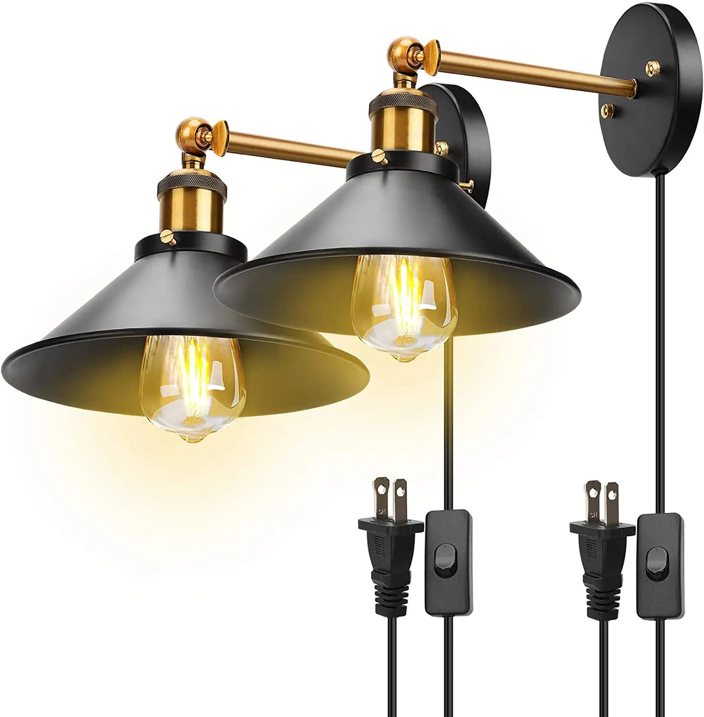 vintage industrial wall lights with black and gold finish, plug-in and dimmable.