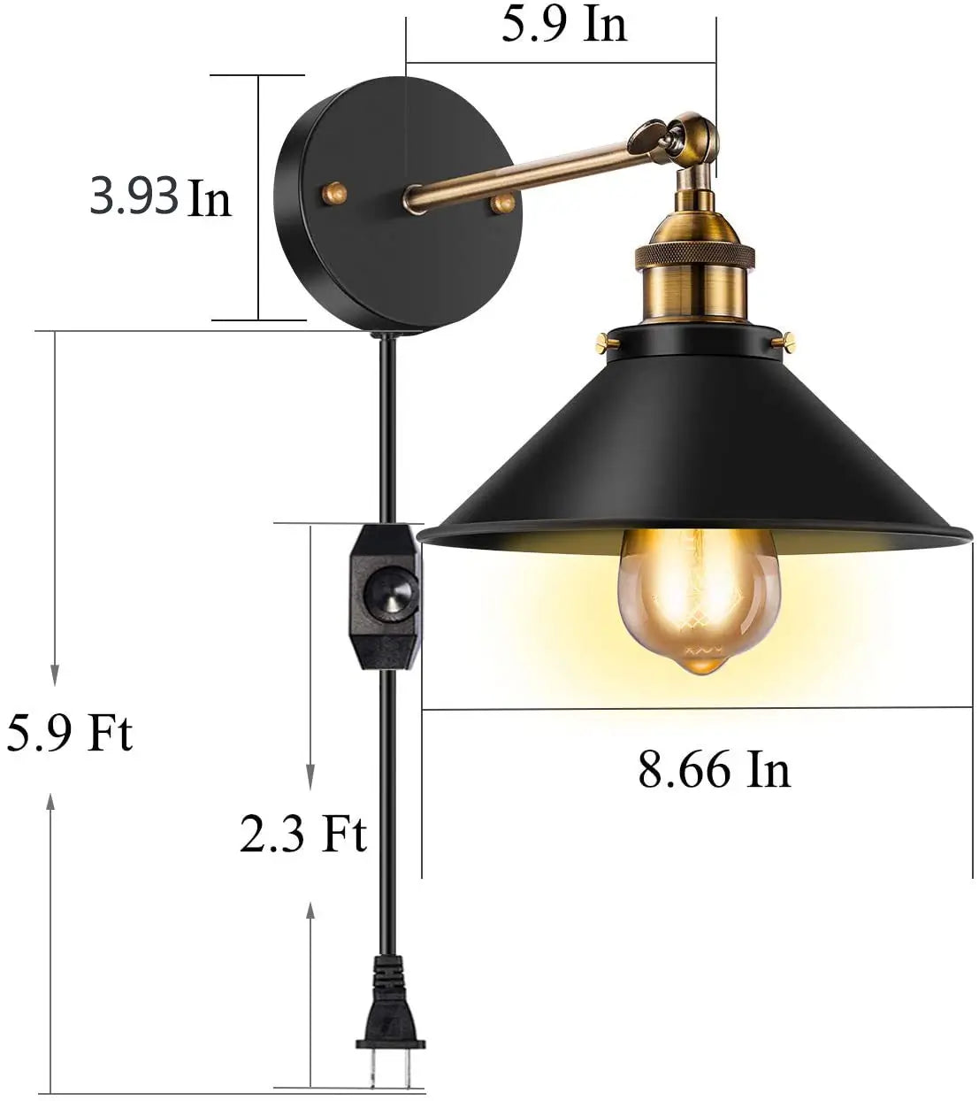 Dimensions of vintage industrial plug-in wall sconce light, featuring 8.66-inch shade and 5.9-ft cord.