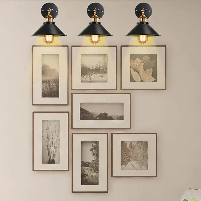 A pair of black wall sconces used as modern gallery lighting, perfectly illuminating wall art and photos.