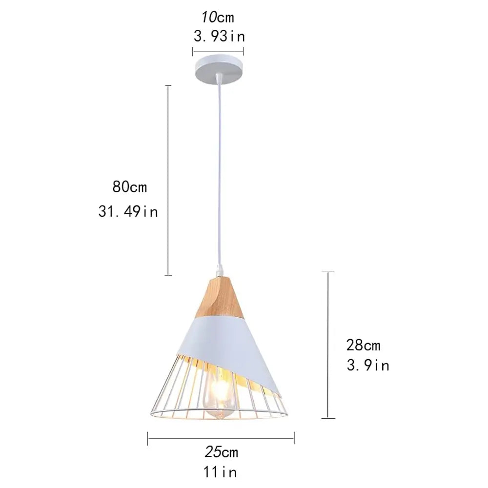 Diagram showing the dimensions of a white and wood modern pendant light, including cord length and shade size.