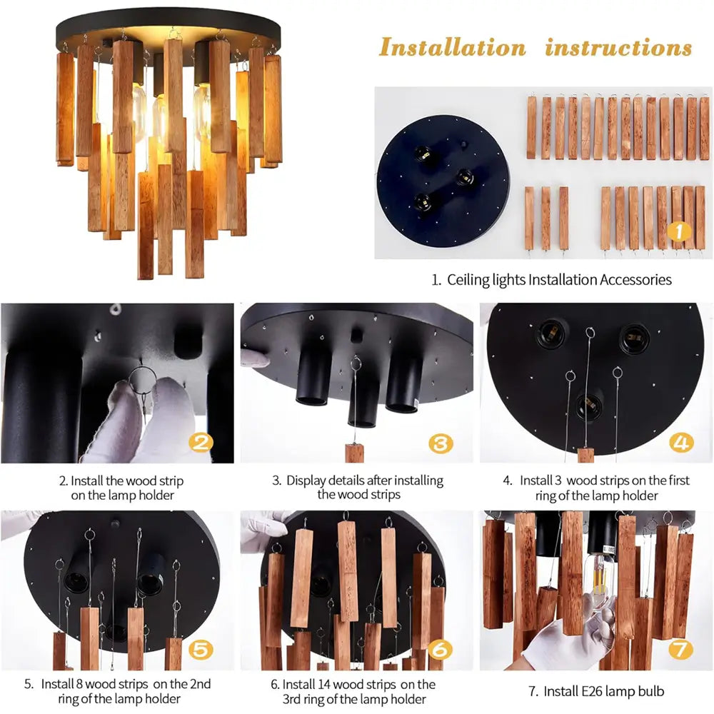 Step-by-step installation guide for E26 base wood ceiling light with iron fixture