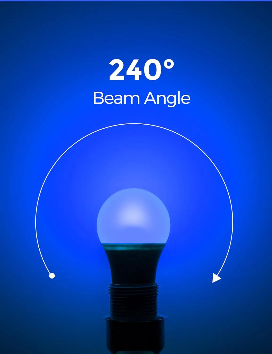 Blue LED bulb with 240-degree wide beam angle for enhanced illumination.
