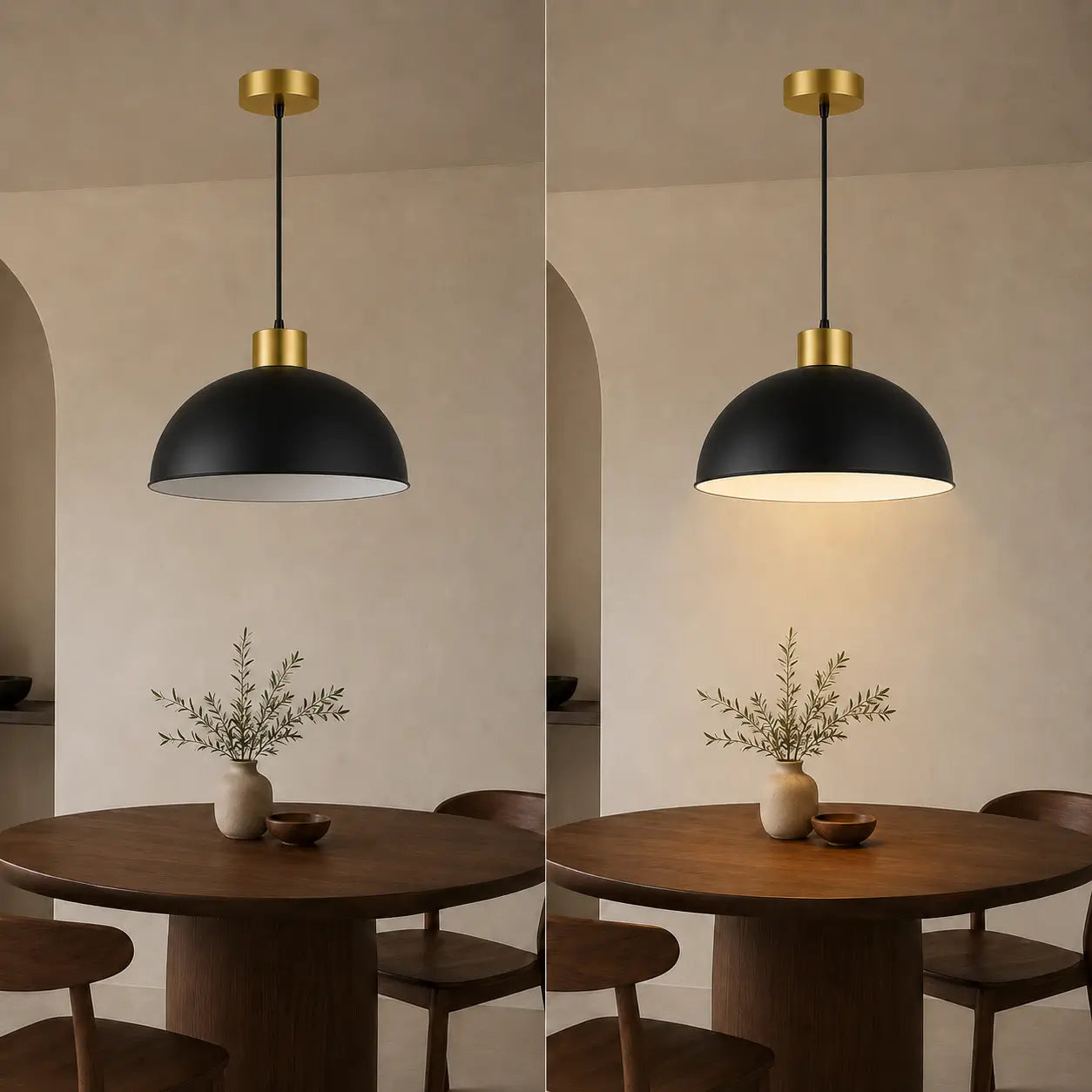 30 cm black dome pendant light shown unlit and lit above a round dining table.