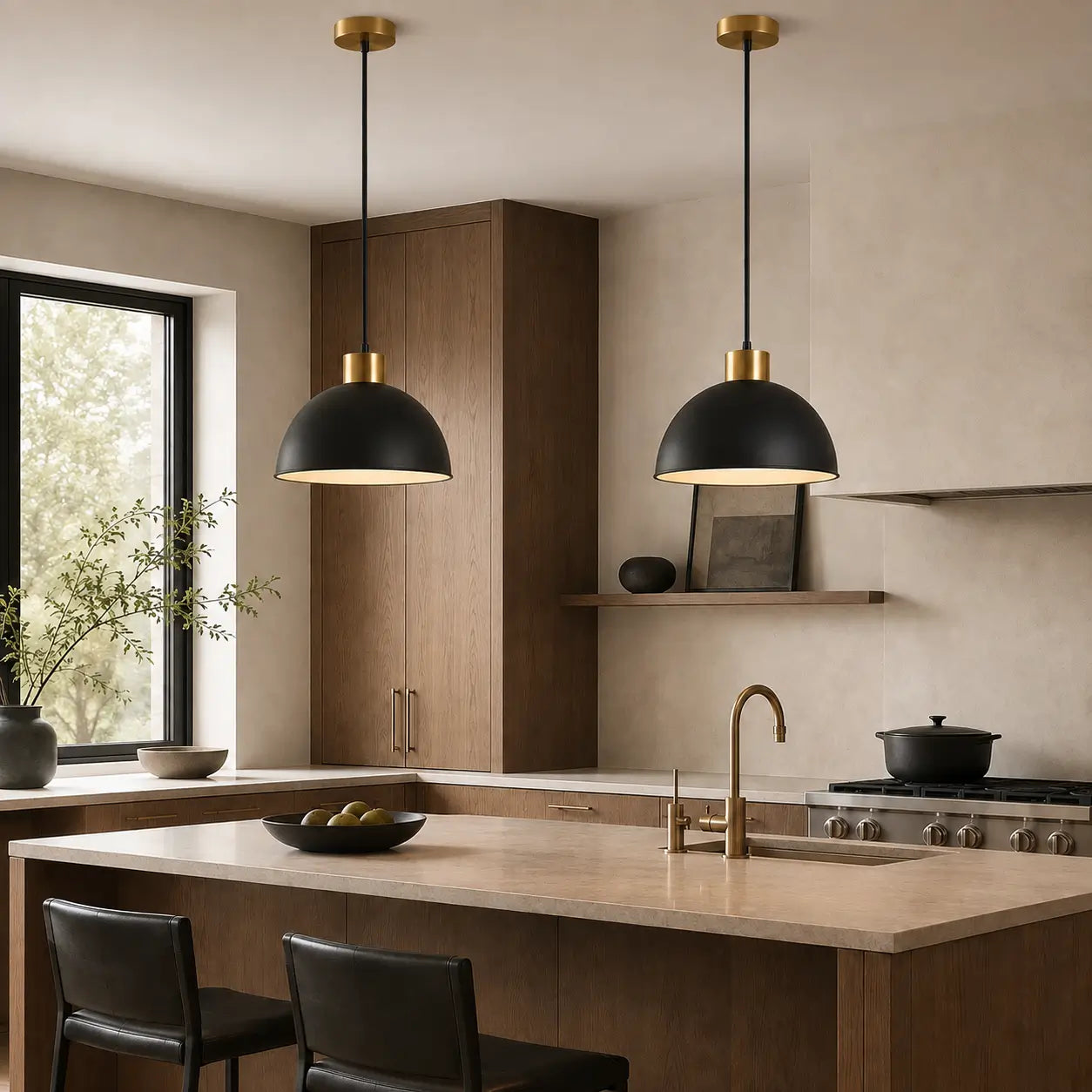 Pair of 30 cm black dome pendant lights with warm gold-tone accents installed over a kitchen island.