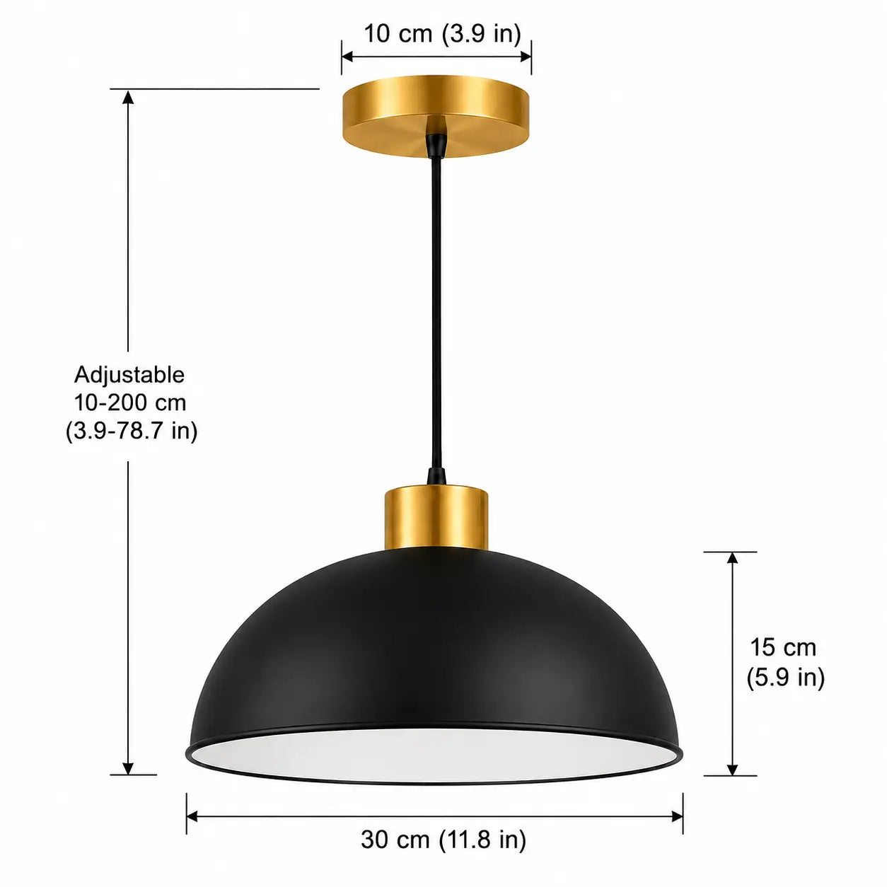 30 cm black dome pendant light dimensions with 15 cm shade height, 10 cm canopy, and adjustable 10–200 cm cord.