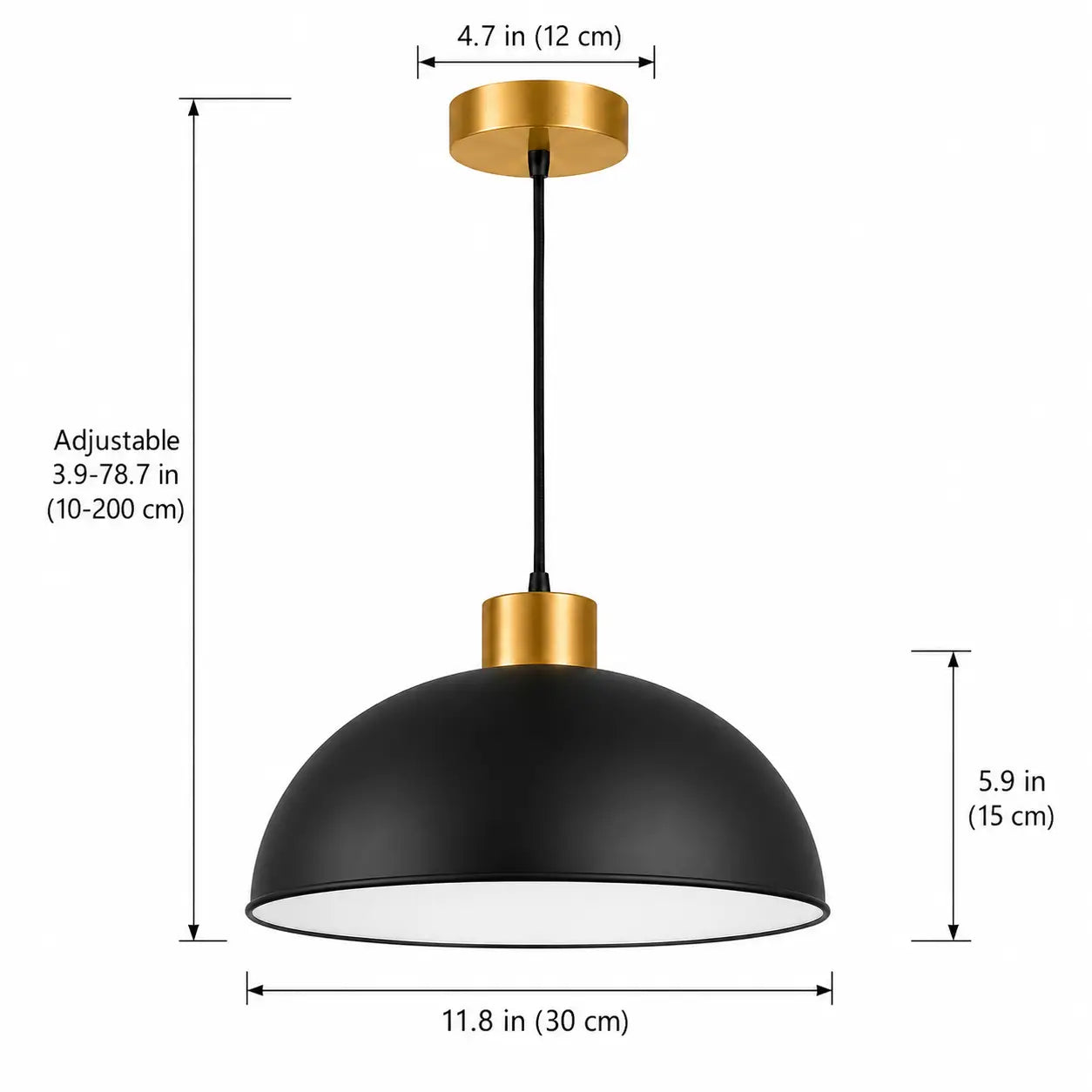 30 cm black dome pendant light dimensions with 15 cm shade height, 12 cm canopy, and adjustable 10–200 cm cord.