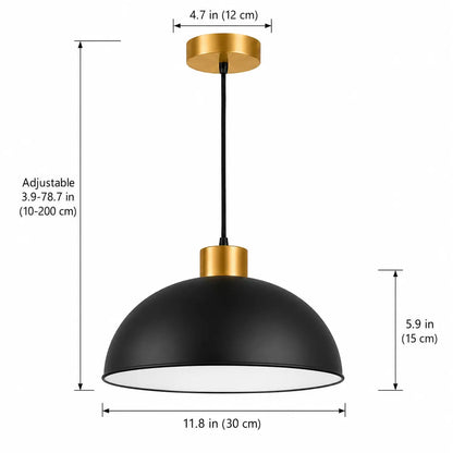 30 cm black dome pendant light dimensions with 15 cm shade height, 12 cm canopy, and adjustable 10–200 cm cord.
