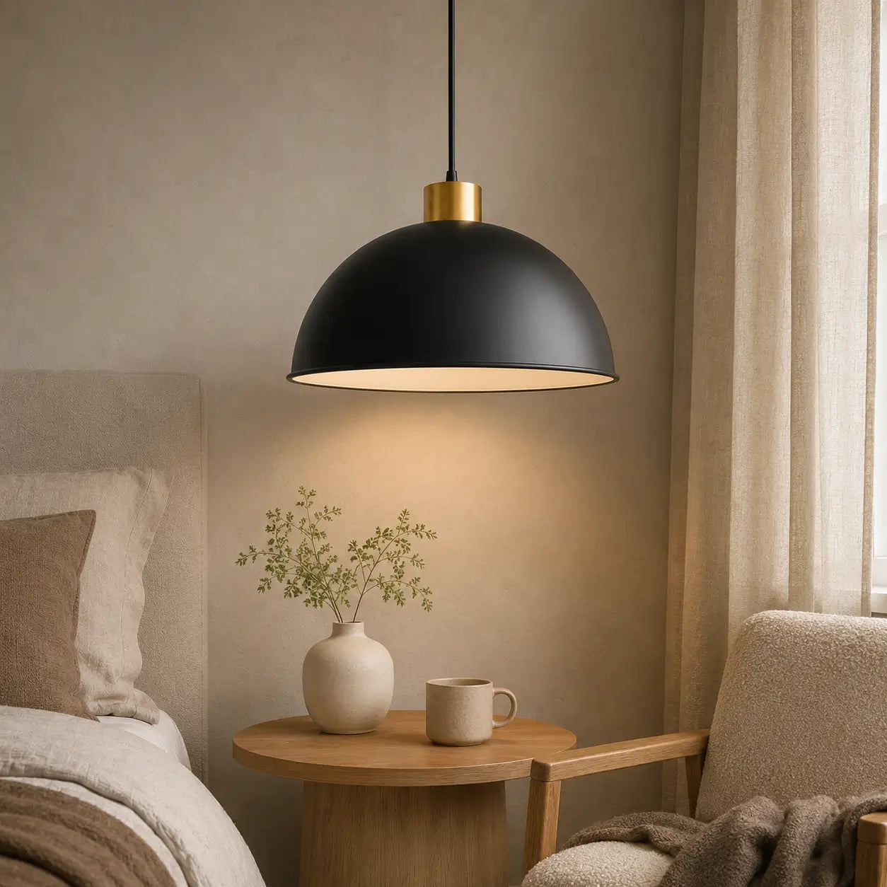 40 cm black dome pendant light installed beside a bed above a small wood table.