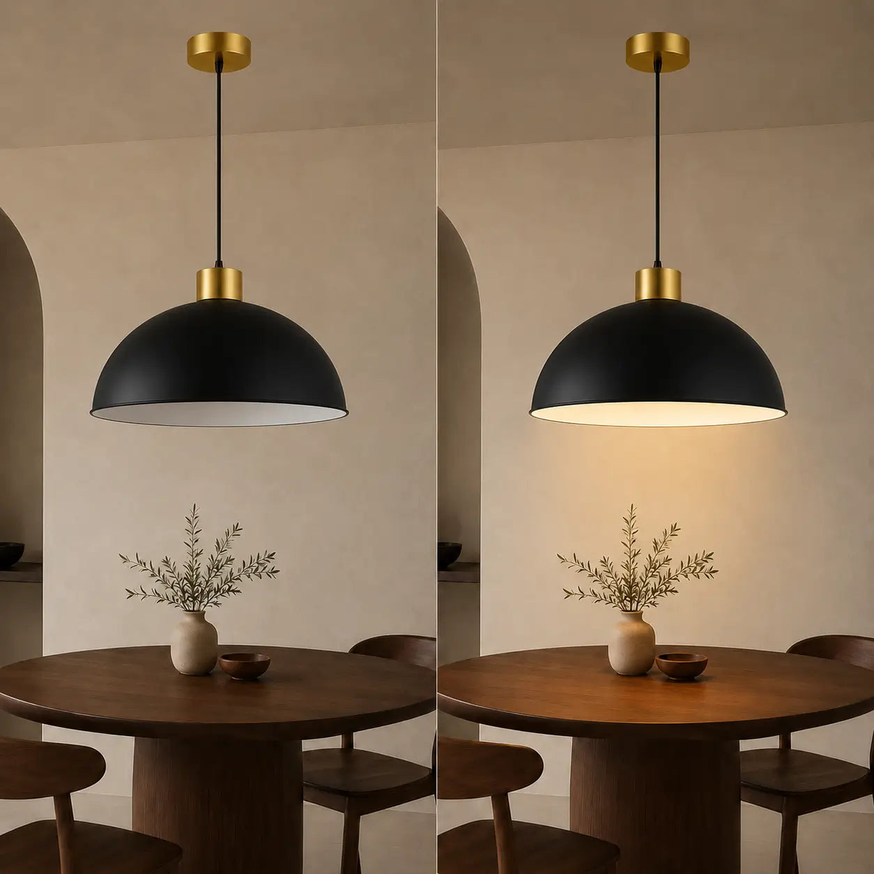 40 cm black dome pendant light shown unlit and lit above a large dining table.