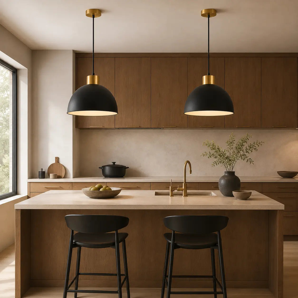 Pair of 40 cm black dome pendant lights with warm gold-tone accents installed over a kitchen island.