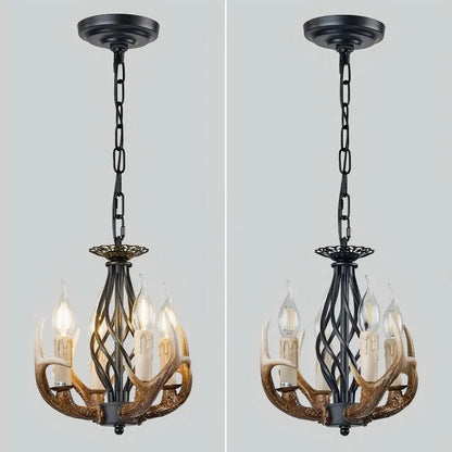 Side-by-side view of the antler chandelier, demonstrating the difference with lights on and off for clear illumination.