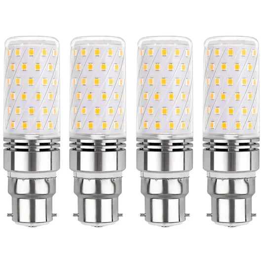 Four B22 LED corn bulbs, showcasing their spiral arrangement of 84 SMD LEDs and standard B22 lamp base.