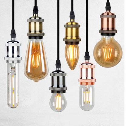 Assorted E27 vintage-style hanging bulbs with metallic bulb sockets in various finishes