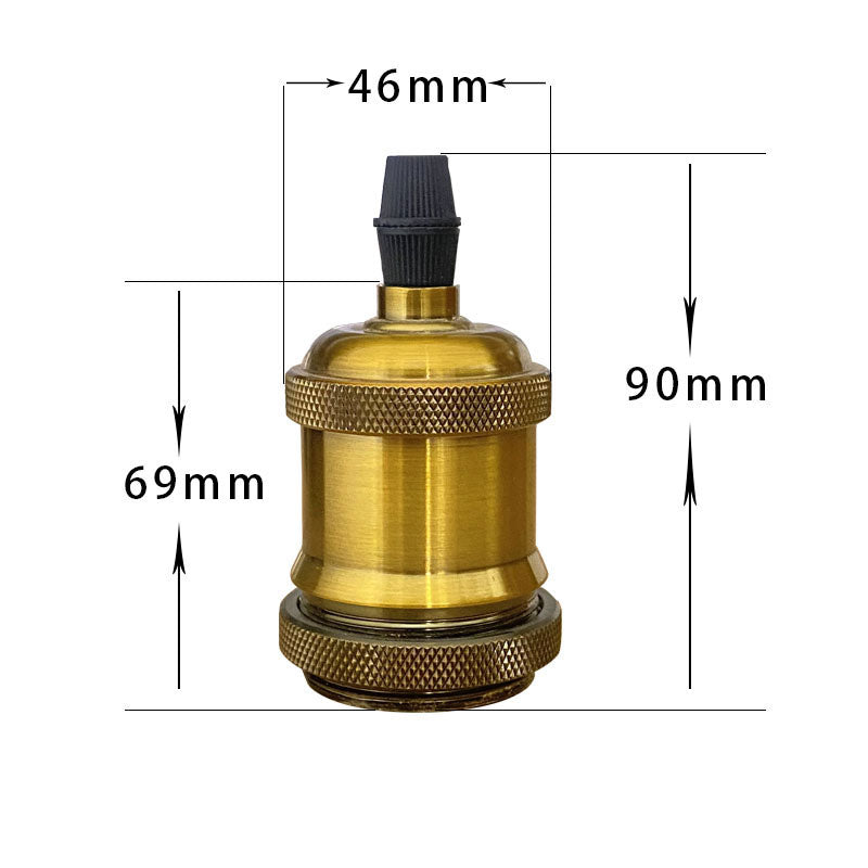 Gold E27 lamp bulb socket with 46mm width and 90mm height measurements displayed