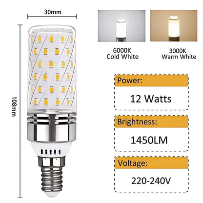 E14 LED corn bulb with dimensions (30mm x 108mm) and specifications: 12 Watts, 1450 Lumens, 220-240V, available in 6000K cold white and 3000K warm white.