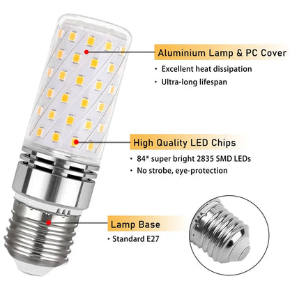 Diagram illustrating the components of an E27 LED bulb, including an aluminum lamp body and PC cover for heat dissipation, high-quality 84* 2835 SMD LEDs, and a standard E27 lamp base.