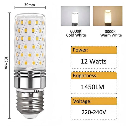 E27 LED corn bulb with dimensions (30mm x 102mm) and specifications: 12 Watts, 1450 Lumens, 220-240V, available in 6000K cold white and 3000K warm white.