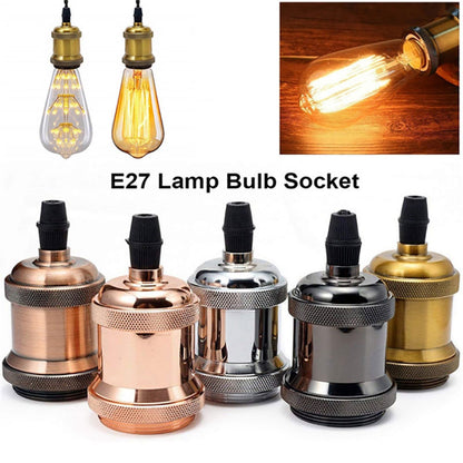 E27 lamp bulb sockets in various metallic finishes with vintage Edison-style bulbs.