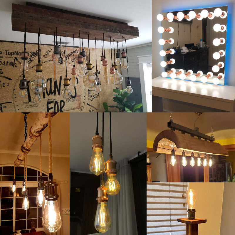 Different home lighting setups featuring vintage-style E27 bulb sockets and Edison bulbs.