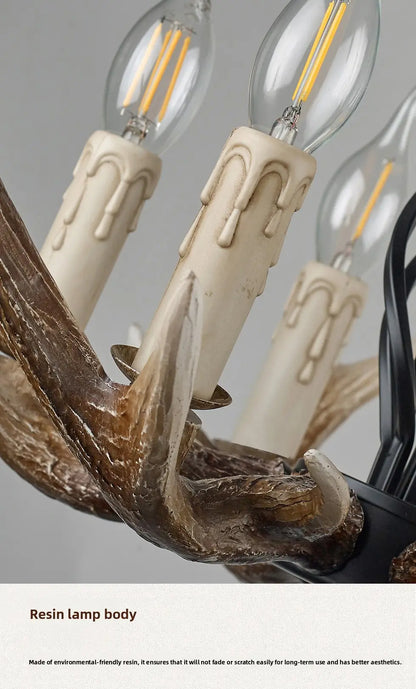 Close-up of the chandelier's resin lamp body, showcasing the durable, fade-resistant, and aesthetically pleasing antler design.