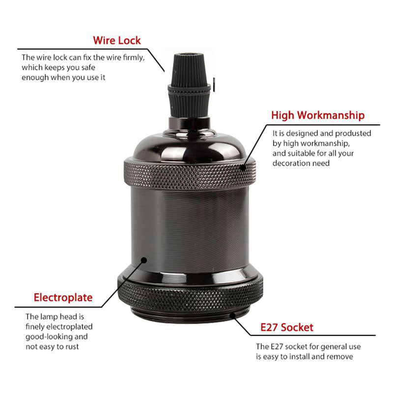 Black E27 lamp bulb socket with labeled features: wire lock, electroplate, high workmanship, and socket.