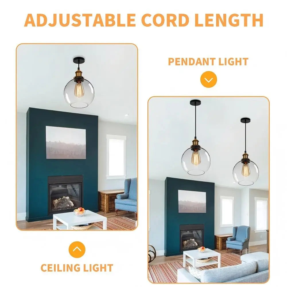 Clear glass globe pendant light with adjustable cord, shown as both a pendant light and closer to the ceiling.