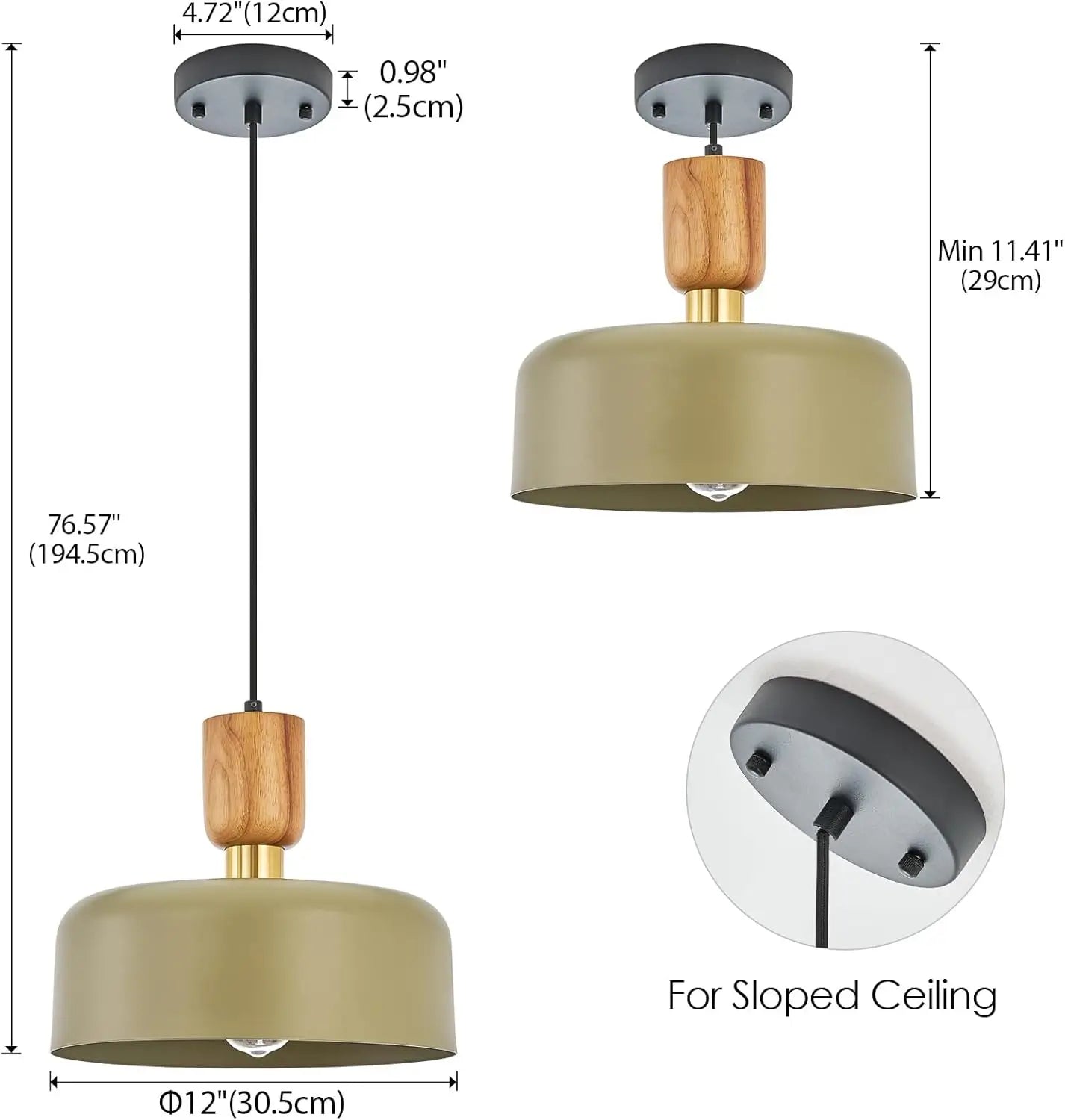 Pendant light with adjustable cord, size dimensions, and sloped ceiling support